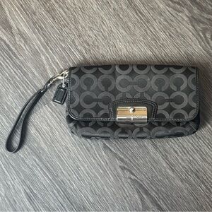 Coach Wristlet Kristin Fold-over Black Canvas Silver Hardware Leather Trim